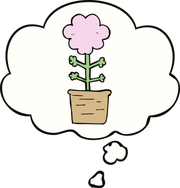 Bir insan tarafından çizilmiş düşünce baloncuğu olan sevimli bir karikatür çiçeği.