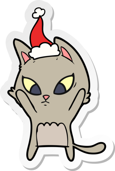 Bir insan tarafından çizilmiş Noel Baba şapkası takan bir kedinin el yazısı.