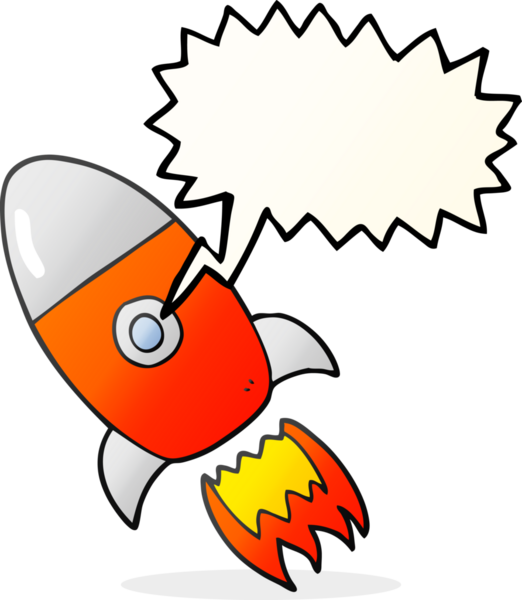 Bir insan tarafından çizilmiş serbest konuşma balonu karikatürü uçan roket