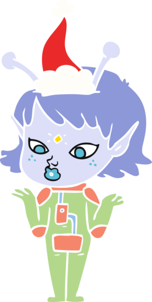 Bir insan tarafından çizilmiş Noel Baba şapkası giyen uzaylı bir kızın düz renkli çizimi.