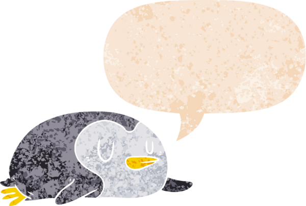 grunge 'da konuşma balonu olan karikatür pengueni bir insan tarafından çizilmiş tedirgin geçmiş dokulara sahip.