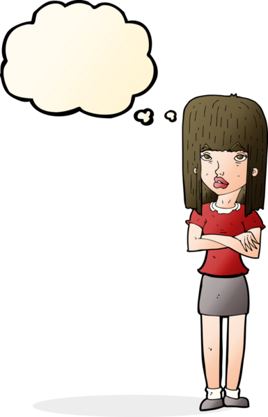 Bir insan tarafından çizilmiş düşünce baloncuğuyla ayakta duran çizgi film kadını.