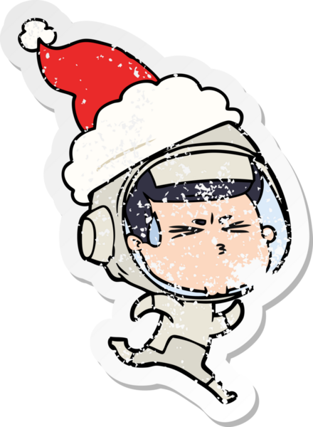 Bir insan tarafından çizilmiş Noel Baba şapkası giymiş stresli bir astronotun el çizimi çıkartması.