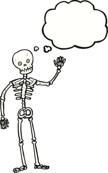 Bir insan tarafından çizilmiş düşünce baloncuklu iskelet sallayan bir çizgi film.