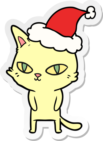 Bir insan tarafından çizilmiş Noel Baba şapkası takan parlak gözlü bir kedinin el yazısı.