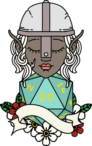 Retro Tattoo stili elf dövüşçüsü. Bir insan tarafından çizilmiş 20 zar ile.