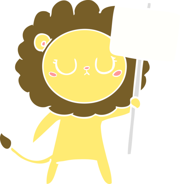 Düz renkli çizgi film aslanı. Protesto işareti insan tarafından çizilmiş.