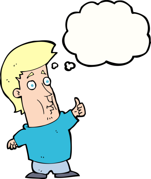 Bir insan tarafından çizilmiş düşünce baloncuğuyla baş parmak işareti yapan çizgi film adamı.