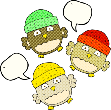 El yazısıyla çizilmiş çizgi roman konuşma balonu, bir insan tarafından çizilmiş sevimli baykuşlar.