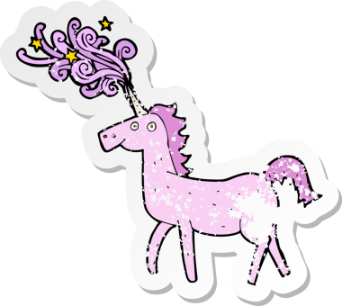 Bir insan tarafından çizilmiş sihirli bir tek boynuzlu atın gerilmiş çıkartması.