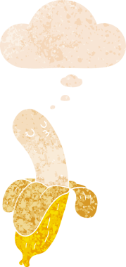 Düşünce baloncuğu ve grunge ile çizgi film muzu bir insan tarafından çizilmiş rahatsız edilmiş retro desen