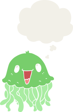 Düşünce baloncuğu olan denizanası çizgi filmi bir insan tarafından çizilmiş.