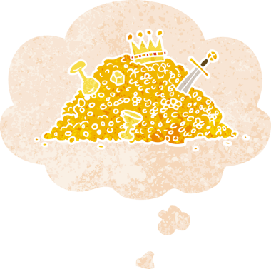 Düşünce baloncuklu bir hazine yığını grunge dertli eski moda bir insan tarafından çizilmiş.