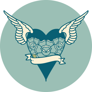 Bir insan tarafından çizilmiş çiçek ve bayrak ile uçan bir kalbin ikonik dövme görüntüsü