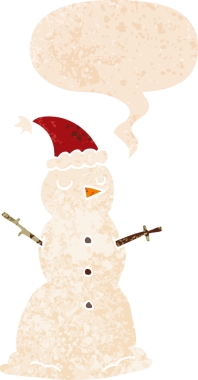 bir insan tarafından çizilmiş grunge sıkıntılı retro biçimli konuşma balonu ile kardan adam çizgi filmi