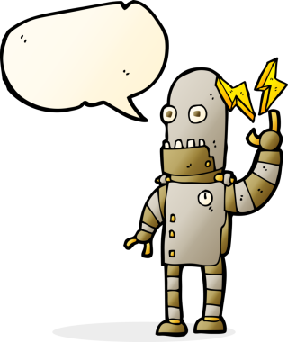 Bir insan tarafından çizilmiş konuşma balonu olan yaşlı robot.