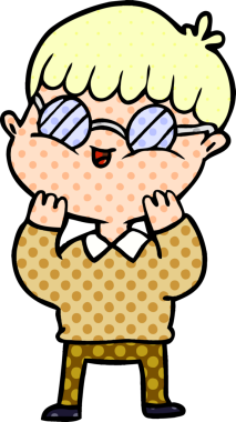 Bir insan tarafından çizilmiş gözlük takan çizgi film çocuğu.