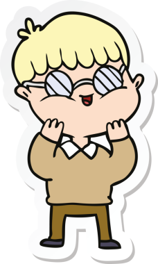 Bir insan tarafından çizilmiş gözlüklü bir çizgi film çocuğunun çıkartması.