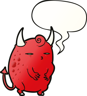 Bir insan tarafından çizilmiş yumuşak eğimli konuşma balonlu küçük cadılar bayramı şeytanı çizgi filmi.