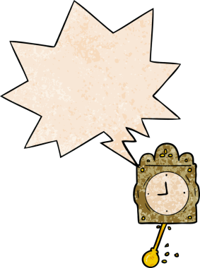 bir insan tarafından çizilmiş, geriye dönük dokuda konuşma baloncuğu olan sarkaçlı çizgi film tik-tak saati.