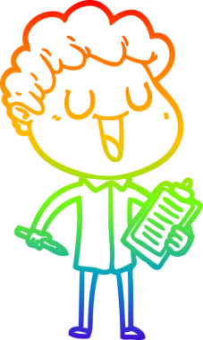 Gökkuşağı gradyan çizimi, gülen bir çizgi film adamı elinde bir insan tarafından çizilmiş pano ve kalemle.