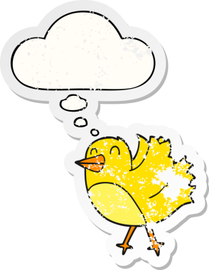 Düşünce baloncuğu olan çizgi film kuşu insan tarafından çizilmiş yıpranmış bir çıkartma gibi.