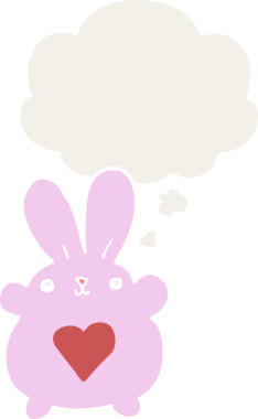 Aşk kalbi olan sevimli çizgi film tavşanı. Düşünce baloncuğu insan tarafından çizilmiş.