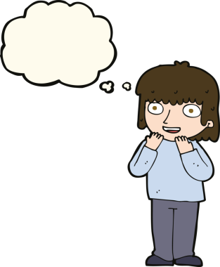 Bir insan tarafından çizilmiş düşünce baloncuğu olan heyecanlı bir karikatür.