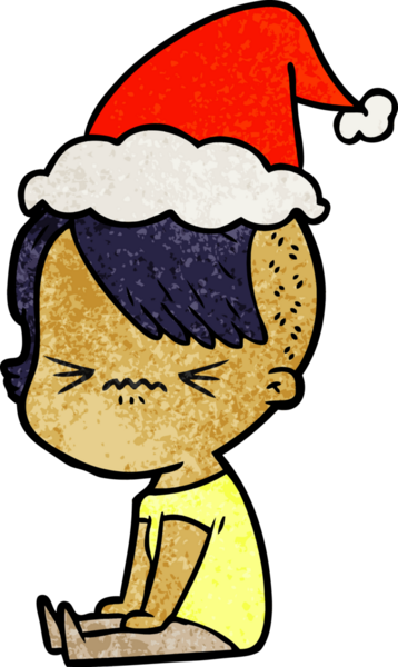 Bir insan tarafından çizilmiş Noel Baba şapkası giymiş sinirli bir hipster kızın el çizimi karikatürü.