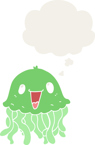 Düşünce baloncuğu olan denizanası çizgi filmi bir insan tarafından çizilmiş.