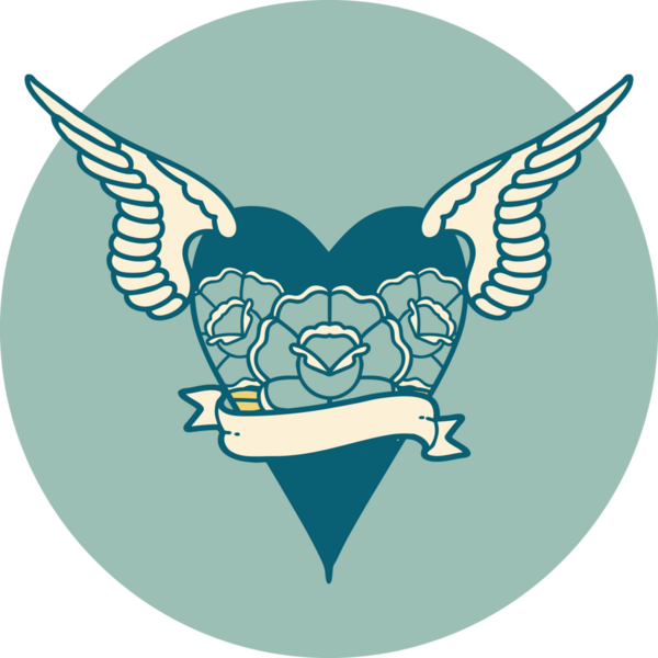 Bir insan tarafından çizilmiş çiçek ve bayrak ile uçan bir kalbin ikonik dövme görüntüsü