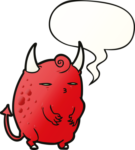 Bir insan tarafından çizilmiş yumuşak eğimli konuşma balonlu küçük cadılar bayramı şeytanı çizgi filmi.