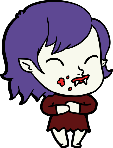 Bir insan tarafından çizilmiş yanağında kan olan vampir kız çizgi filmi.