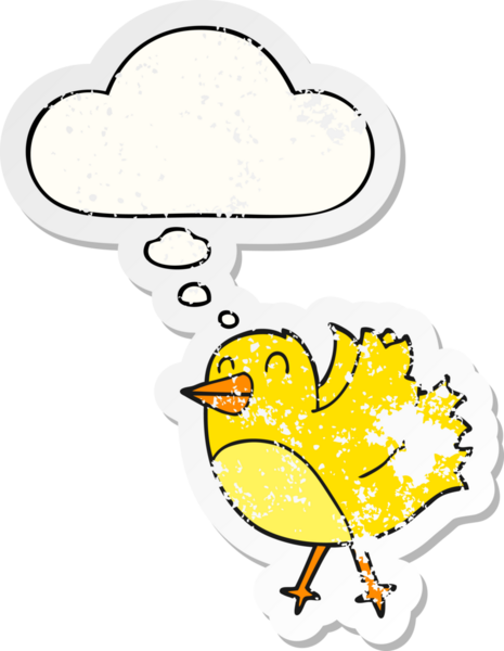 Düşünce baloncuğu olan çizgi film kuşu insan tarafından çizilmiş yıpranmış bir çıkartma gibi.