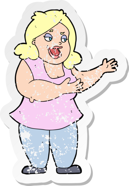 Bir insan tarafından çizilmiş mutlu, şişman bir kadının karikatür yapıştırması.