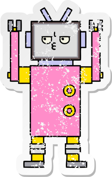 Bir insan tarafından çizilmiş sevimli bir robot çizgi film çıkartması.