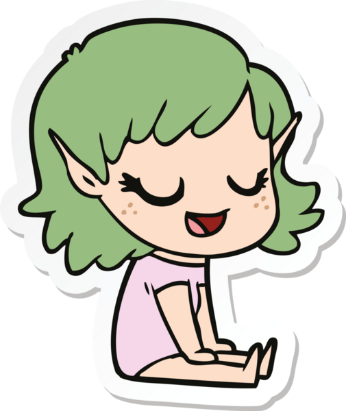 Bir insan tarafından çizilmiş yerde oturan mutlu bir elf kızının çıkartması.