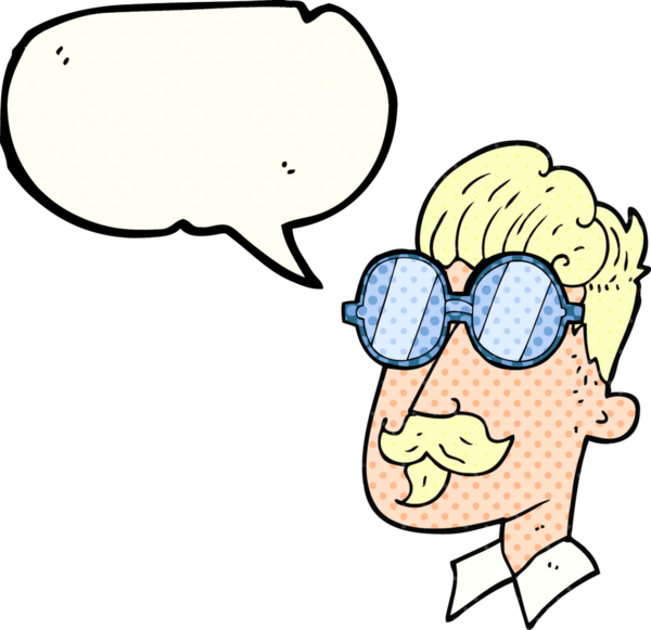 Bir insan tarafından çizilmiş bıyıklı ve gözlüklü bir çizgi roman karakteri.