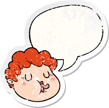 Konuşma baloncuğu olan çizgi film erkek yüzü bir insan tarafından çizilmiş sıkıntılı eski bir çıkartma