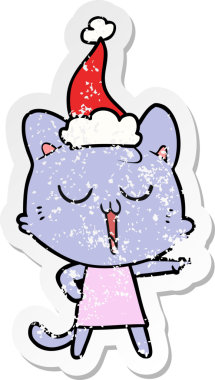 Bir insan tarafından çizilmiş Noel Baba şapkasıyla şarkı söyleyen bir kedinin el yazısı.