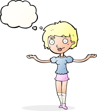 Bir insan tarafından çizilmiş düşünce baloncuğuyla kollarını açan çizgi film kadını.