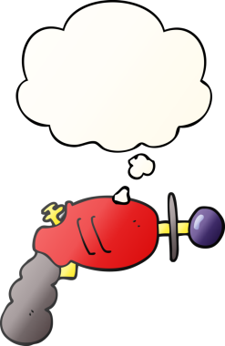 Düşünce baloncuklu karikatür ışın tabancası bir insan tarafından çizilmiş.