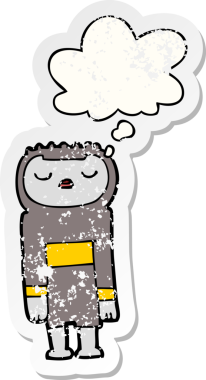 Düşünce baloncuğu olan karikatür robotu bir insan tarafından çizilmiş yıpranmış bir çıkartma.