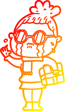 Bir insan tarafından çizilmiş gözlüklü, ağlayan bir kadının çizgi film çizimi.