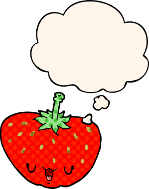 Çizgi roman tarzında bir insan tarafından çizilmiş düşünce baloncuğu olan çilekli çizgi film.