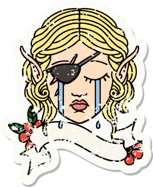 Bir insan tarafından çizilmiş ağlayan bir elf karakterinin grunge çıkartması.