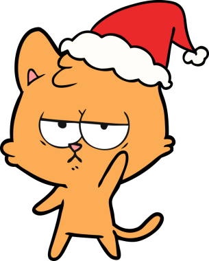 Bir insan tarafından çizilmiş Noel Baba şapkası takan bir kedi çizilmiş.