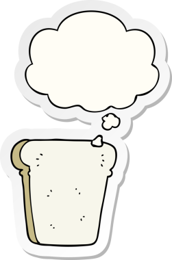 Düşünce baloncuklu bir ekmek dilimi insan tarafından çizilmiş bir çıkartma gibi.