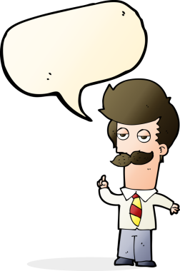 Çizgi filmdeki bıyıklı adam bir insan tarafından çizilmiş konuşma balonuyla anlatıyor.