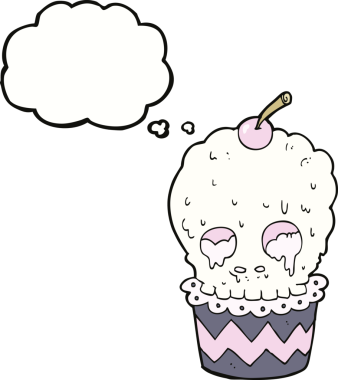 Bir insan tarafından çizilmiş düşünce baloncuklu ürkütücü kafatası kek çizgi filmi.